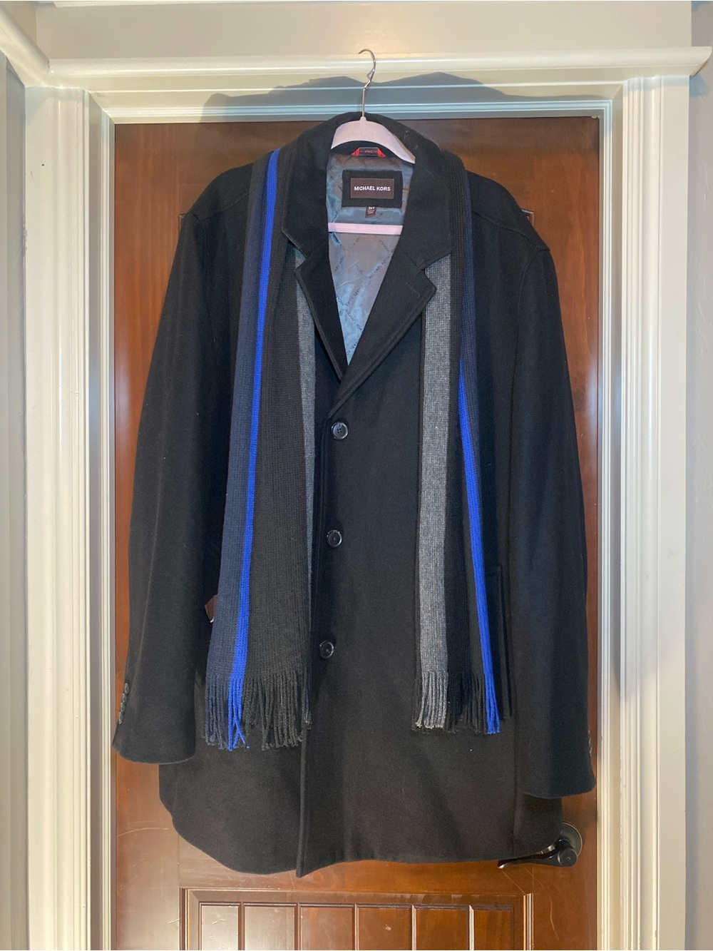 Michael Kors Men’s Luxury Coat Black Wool Out wear With Scarf Size 3XT